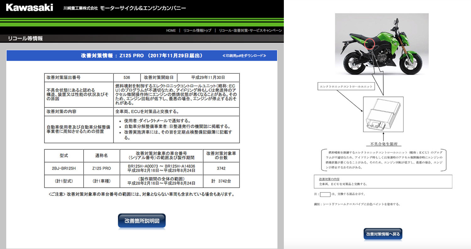 日本Kawasaki官網所刊登的召回資訊